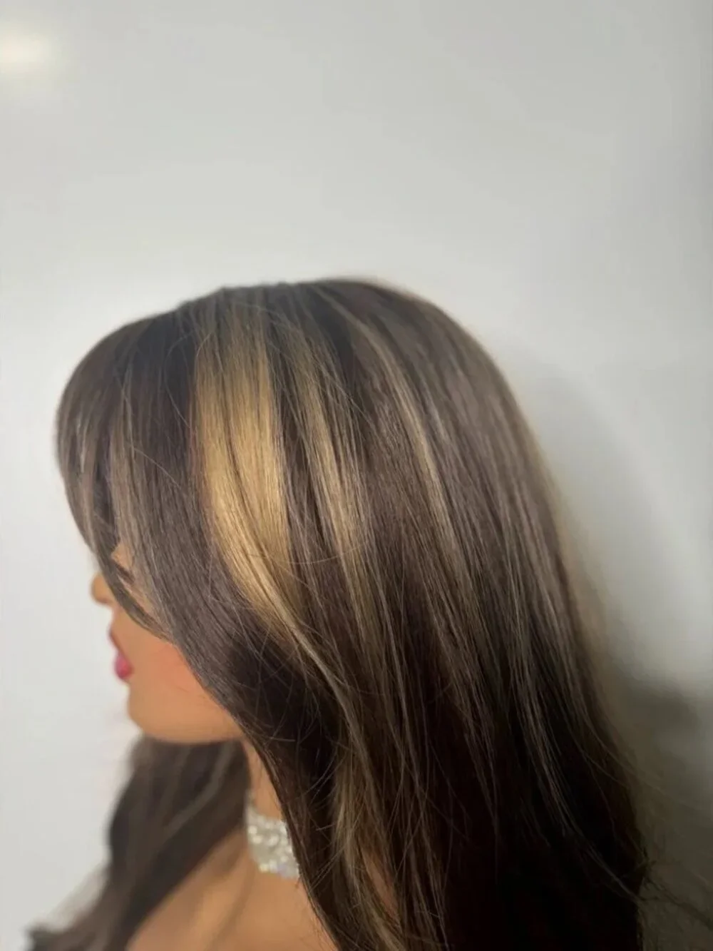 Long Brown Balayage Wig Curtain Bangs 26” Wavy Brown Highlighted Caramel Blonde